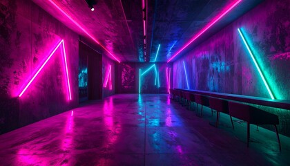 Neon-lit, industrial-chic interior with polished floor reflecting vibrant lighting