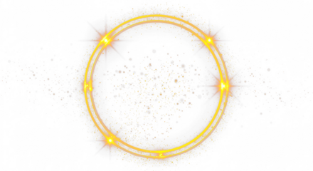 Golden circular round frame with sparkles and flares, featuring abstract luminous particles and a yellow stardust light effect on a transparent background. 
