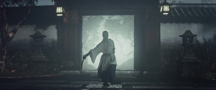 Cinematic Footage of a Female in a Historic Japanese Outfit Slowly Walking Towards Camera and Taking Out Her Sword. Woman Samurai Practicing Her Martial Arts Technique with a Katana