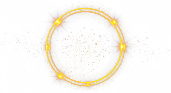 Golden circular round frame with sparkles and flares, featuring abstract luminous particles and a yellow stardust light effect on a transparent background.