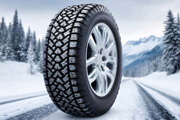 Winter tire standing on snowy road with mountain background