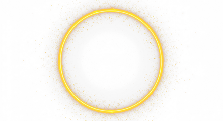 Golden circular round frame with sparkles and flares, featuring abstract luminous particles and a yellow stardust light effect on a transparent background. 