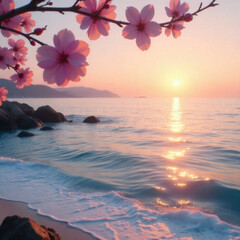 A tranquil seaside sunset with soft pastel colors reflecting on calm ocean waves. The glowing sun is low on the horizon, casting warm light across the water. In the foreground, cherry blossom branches