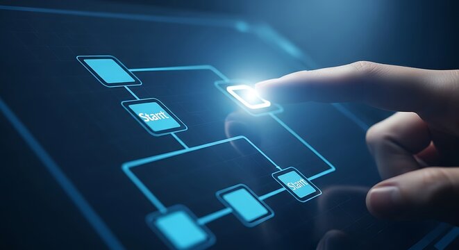 Finger touching a glowing start button on a digital flowchart interface technology process