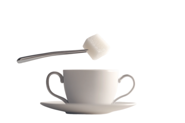 Close-up of sugar cube held over cup with tongs isolated on transparent background