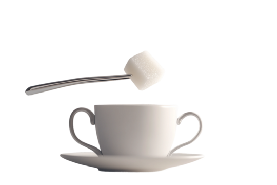Close-up of sugar cube held over cup with tongs isolated on transparent background