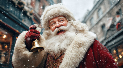 Santa Claus ringing a bell in a snowy street, smiling and joyful.