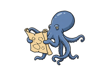 Obraz premium Cartoon Octopus Reading a Treasure Map Illustration png, isolated on transparent background