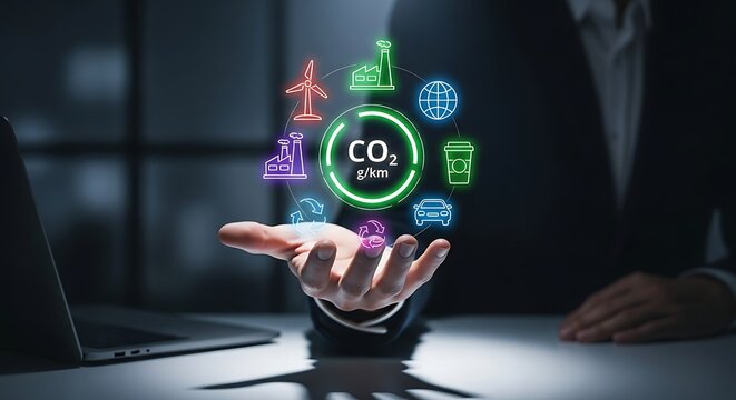 Hand displaying C O2 emissions icons for environmental impact and sustainability carbon footprint