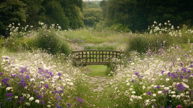 Wooden bridge in a wildflower meadow garden