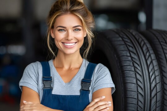Confident female mechanic smiling with crossed arms in auto repair shop - Powered by Adobe