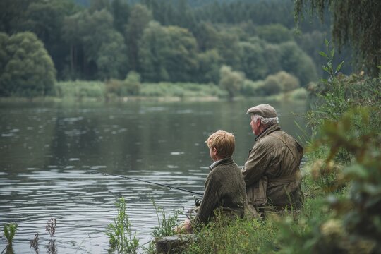 Grandpa And Grandson Fishing. A Family Moment by the Lake - Powered by Adobe