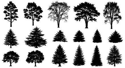 Collection of diverse tree silhouettes perfect for design projects, adding a natural element