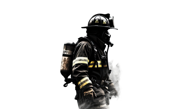 Silhouette of firefighter with equipment png on white background - Powered by Adobe