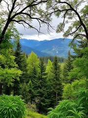 Fototapeta premium an image of a view of a forest with a mountain in the background, there is a view of a forest with a mountain in the background