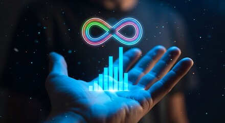 Hand holding glowing infinity symbol and digital bar chart with bokeh infinite