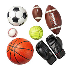 Set collection of various sport gear and ball like soccer American football basketball png sports equipment png collection of sports balls png football gear png basketball equipment png transparent