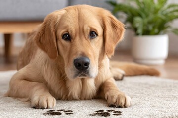 Golden retriever relaxing on carpet with paw prints in living room