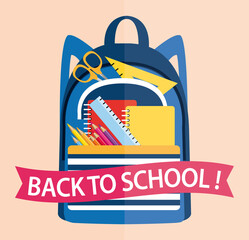 Back to school ! Schoolbag filled with school supplies. Pink background illustration.
