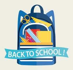 Back to school ! Schoolbag filled with school supplies. Light background illustration.