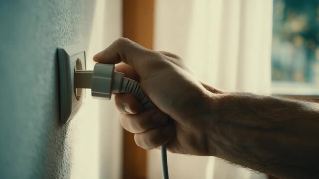 Connecting to the Source: A close-up of a hand firmly inserting an electric plug into a wall socket, representing power, connection, and the flow of energy. 