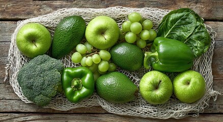 Assortment of vibrant green fruits and vegetables.