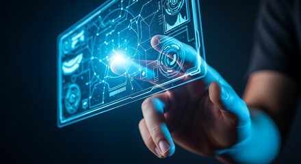 Hand touching a futuristic holographic interface with glowing blue circuit board design technology