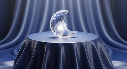 Elegant crystal sculpture of a dolphin on a pedestal with blue draping