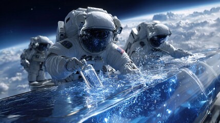 Astronauts in high-tech suits explore a futuristic space environmen...