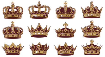 Ornate royal crowns with gold, jewels and velvet, symbolizing power, luxury, and regal status for design. © Muflif