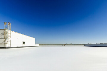 Flat roof under clear blue sky with single ladder view Generative AI