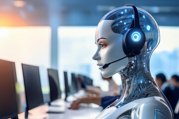 Reference Image Eine Roboterfrau im Callcenter bei der Arbeit