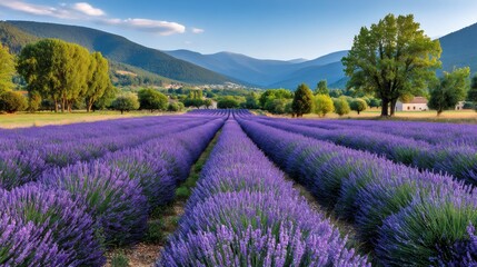 Obraz premium Blooming lavender field in provence stretching towards picturesque mountains