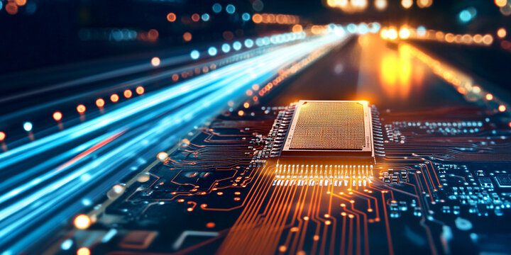 Glowing microchip illuminated in a dark high-tech environment Generative AI