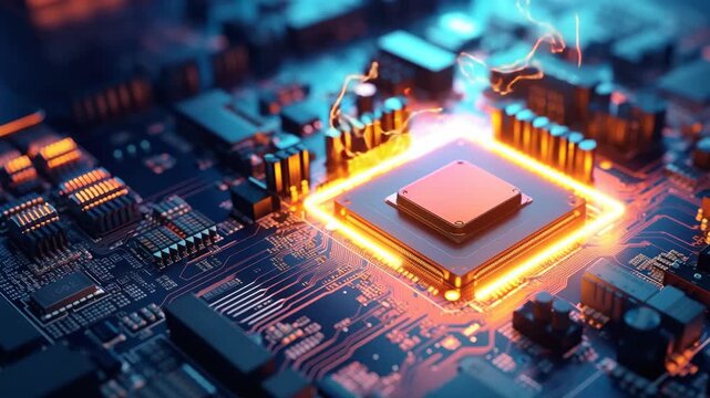 Close-up, angled shot of a glowing microchip on a circuit board, highlighting technology and innovation. Ideal for a tech-themed video. Live desktop wallpaper.