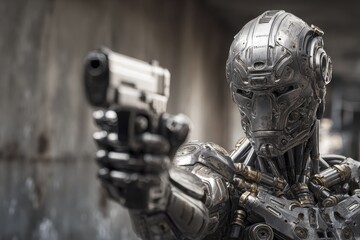Fototapeta premium Killer Robot Ready for War: AI Cyborg with Gun Leading Revolution
