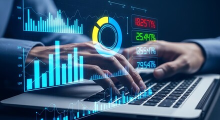 Hands typing on laptop with glowing digital financial data charts and graphs finance technology
