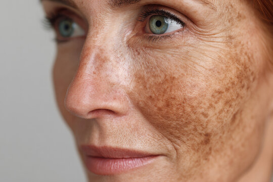 Hyperpigmentation of female skin, close-up of a part of the face on a white background, before and after acid peeling and cosmetic therapy, dermatology, skin care

