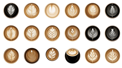 Modern collection of latte art coffee cups set on white background