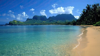 Fototapeta premium Tropical Beach Scene with Majestic Mountains and Clear Water