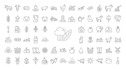 Charming farm icons capture rural life, from animals and produce to equipment and barns