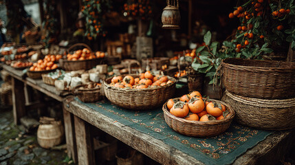 Wicker baskets full of freshly harvested persimmons sit on a rustic wooden market stall, a knitted scarf adding a touch of warmth to the autumnal scene during harvest time
