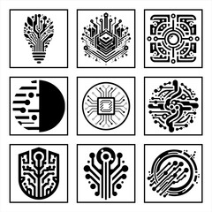 Artificial Intelligence Circuit Logo Set, Digital Innovation AI Symbols