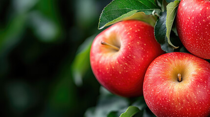 Close-up of juicy red apples growing on a tree branch in an orchard, glistening with water droplets, ready to be picked during the harvest season. Copy space