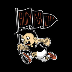 Mohawk punk character running with a flag, cartoon illustration  suitable for graphic t-shirts, badges, design elements, or other purposes.