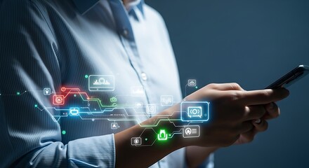 Person holding smartphone with glowing digital interface and icons hands