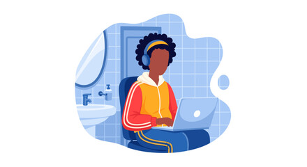 Person working remotely on laptop with headphones in a tiled bathroom, highlighting unconventional work-from-home spaces and digital productivity.