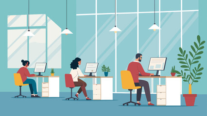 Diverse professionals work diligently at their desks in a modern, bright office, representing productivity, collaboration, and a contemporary workspace environment.