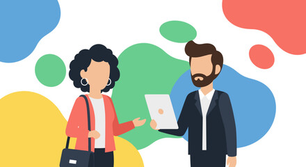 Professional business man and woman collaborating, discussing information on a digital tablet. Ideal for themes of teamwork, technology, consulting, and modern enterprise.