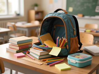 Blue and orange school backpack filled with books colorful pencils and stationery placed on classroom desk with chalkboard background in soft daylight